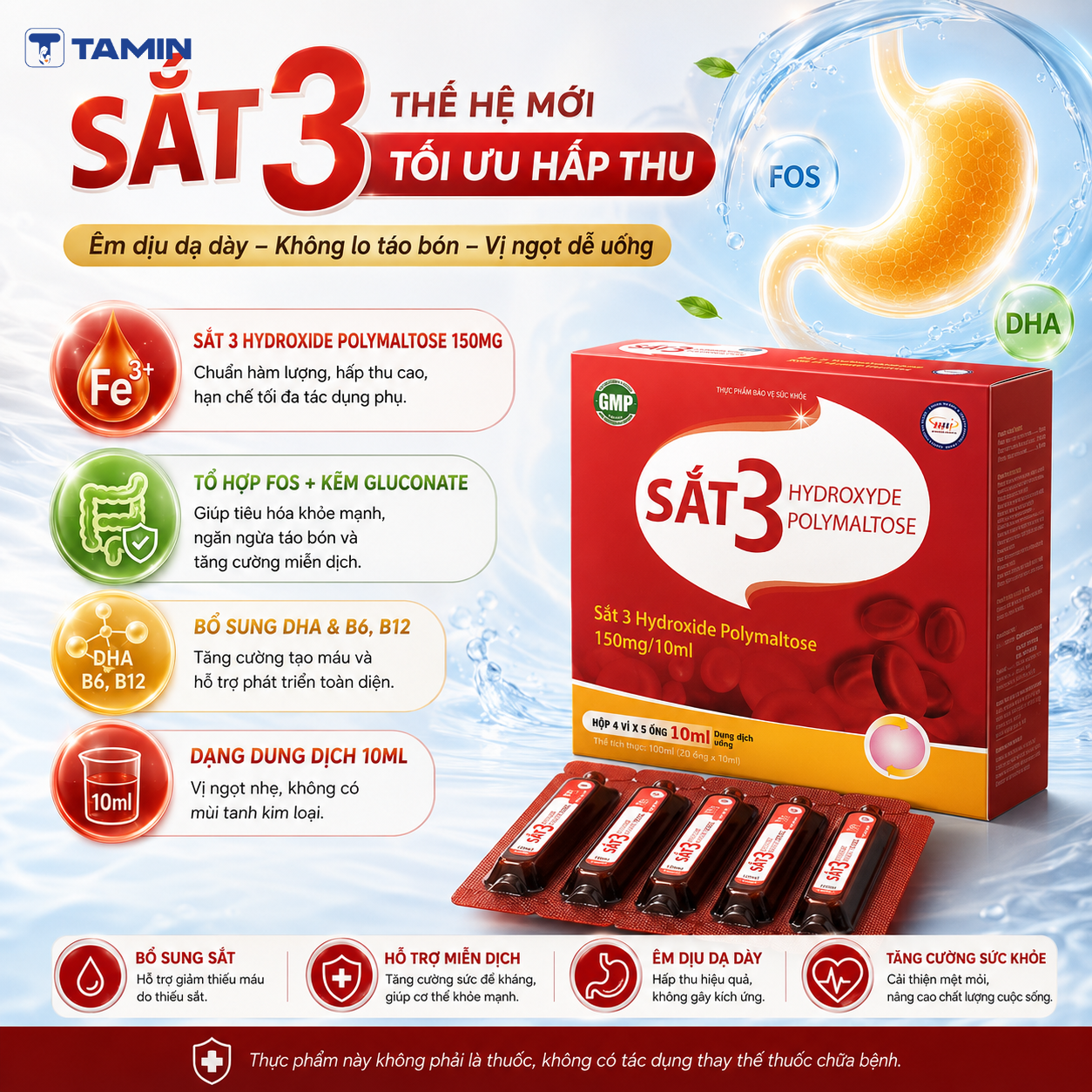 Sắt 3 Hydroxyde Polymaltose chứa Sắt III Hydroxyde Polymaltose kết hợp cùng DHA, Vitamin B6, Vitamin B12 và Kẽm, giúp bổ sung sắt, hỗ trợ tăng cường tạo máu cho trẻ em, phụ nữ mang thai và người thiếu máu. Dạng dung dịch tiện dùng, hấp thu tốt, vị ngọt không tanh. Sắt 3 Hydroxyde Polymaltose chứa Sắt III Hydroxyde Polymaltose kết hợp cùng DHA, Vitamin B6, Vitamin B12 và Kẽm, giúp bổ sung sắt, hỗ trợ tăng cường tạo máu cho trẻ em, phụ nữ mang thai và người thiếu máu. Dạng dung dịch tiện dùng, hấp thu tốt, vị ngọt không tanh.