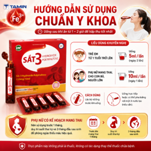 Sắt 3 Hydroxyde Polymaltose chứa Sắt III Hydroxyde Polymaltose kết hợp cùng DHA, Vitamin B6, Vitamin B12 và Kẽm, giúp bổ sung sắt, hỗ trợ tăng cường tạo máu cho trẻ em, phụ nữ mang thai và người thiếu máu. Dạng dung dịch tiện dùng, hấp thu tốt, vị ngọt không tanh.
