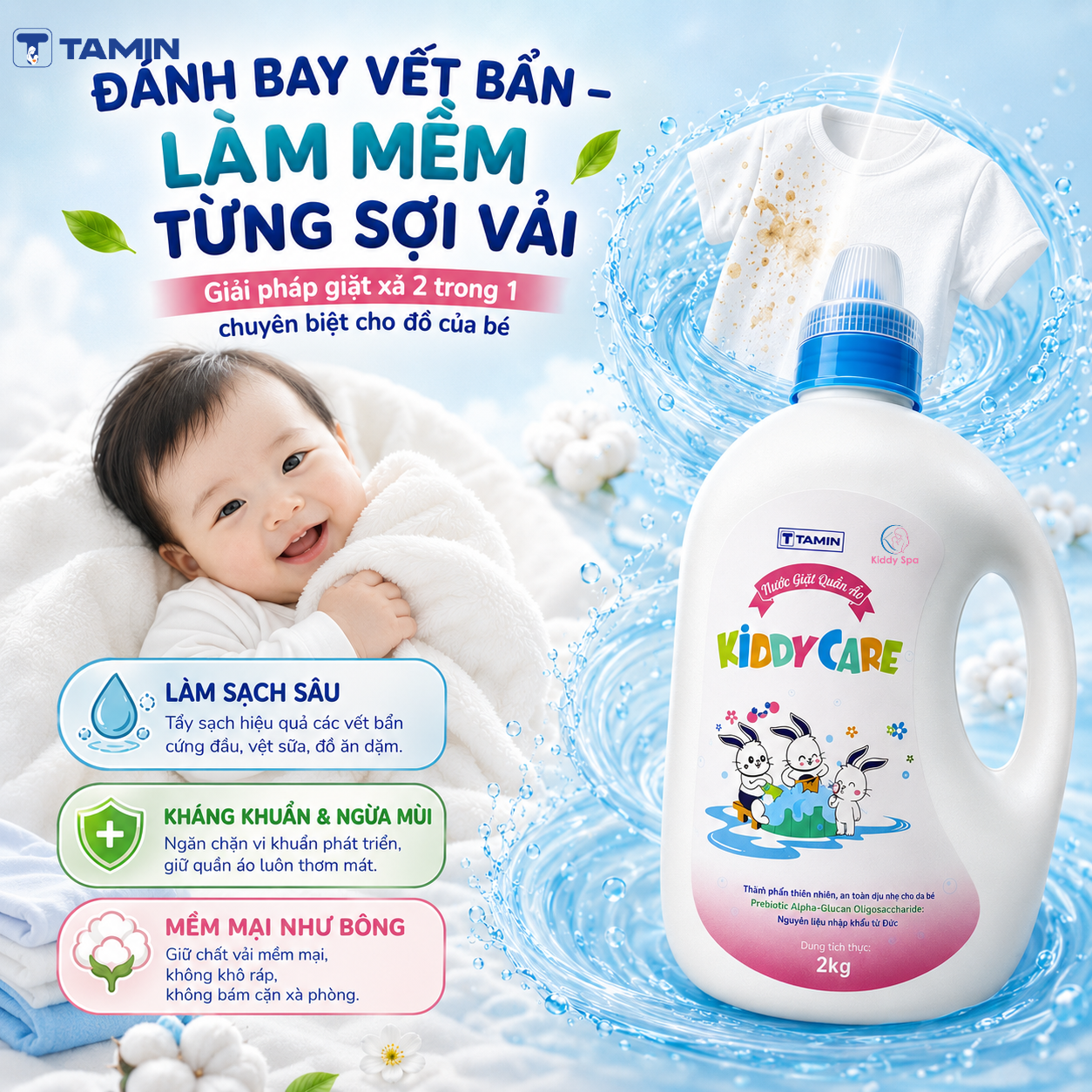 Nước giặt quần áo Kiddy Care là giải pháp giặt giũ chuyên biệt, kết hợp công nghệ làm sạch sâu và thành phần Prebiotic độc đáo, giúp loại bỏ hiệu quả các vết bẩn cứng đầu trên quần áo trẻ em, đồng thời bảo vệ làn da non nớt của bé khỏi kích ứng và vi khuẩn có hại. Nước giặt quần áo Kiddy Care là giải pháp giặt giũ chuyên biệt, kết hợp công nghệ làm sạch sâu và thành phần Prebiotic độc đáo, giúp loại bỏ hiệu quả các vết bẩn cứng đầu trên quần áo trẻ em, đồng thời bảo vệ làn da non nớt của bé khỏi kích ứng và vi khuẩn có hại.