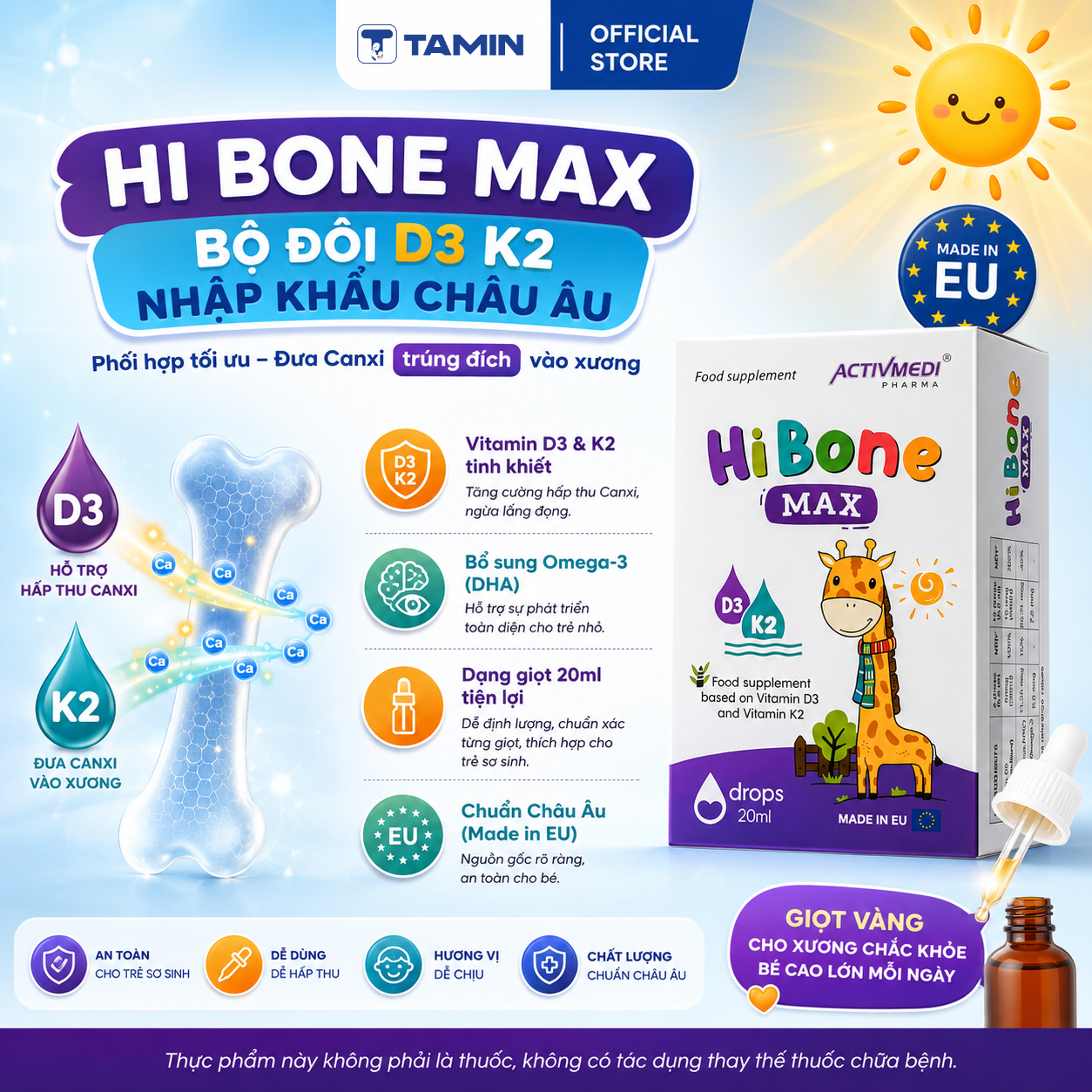 Hi Bone Max – Vitamin D3 K2 nhỏ giọt, hỗ trợ hấp thu Canxi Hi Bone Max – Vitamin D3 K2 nhỏ giọt, hỗ trợ hấp thu Canxi