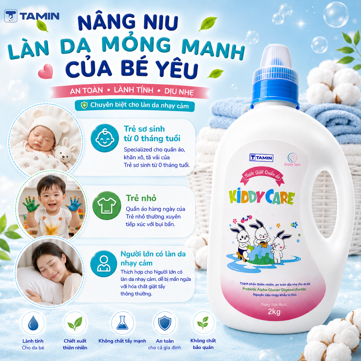 Nước giặt quần áo Kiddy Care là giải pháp giặt giũ chuyên biệt, kết hợp công nghệ làm sạch sâu và thành phần Prebiotic độc đáo, giúp loại bỏ hiệu quả các vết bẩn cứng đầu trên quần áo trẻ em, đồng thời bảo vệ làn da non nớt của bé khỏi kích ứng và vi khuẩn có hại. Nước giặt quần áo Kiddy Care là giải pháp giặt giũ chuyên biệt, kết hợp công nghệ làm sạch sâu và thành phần Prebiotic độc đáo, giúp loại bỏ hiệu quả các vết bẩn cứng đầu trên quần áo trẻ em, đồng thời bảo vệ làn da non nớt của bé khỏi kích ứng và vi khuẩn có hại.