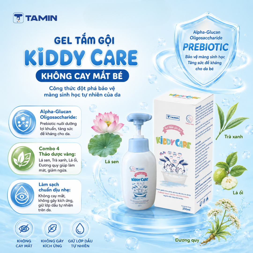 Gel tắm em bé Kiddy Care là gel tắm gội toàn thân dịu nhẹ cho bé, chứa Alpha-Glucan Oligosaccharide và chiết xuất thảo dược giúp làm sạch, dưỡng ẩm và ngừa rôm sảy, mẩn ngứa hiệu quả. Không cay mắt, an toàn cho da nhạy cảm. Gel tắm em bé Kiddy Care là gel tắm gội toàn thân dịu nhẹ cho bé, chứa Alpha-Glucan Oligosaccharide và chiết xuất thảo dược giúp làm sạch, dưỡng ẩm và ngừa rôm sảy, mẩn ngứa hiệu quả. Không cay mắt, an toàn cho da nhạy cảm.
