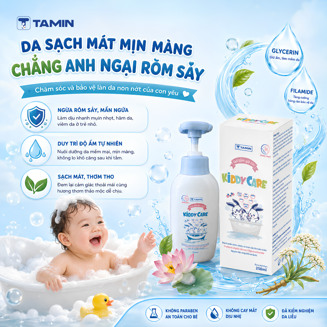 Gel tắm em bé Kiddy Care là gel tắm gội toàn thân dịu nhẹ cho bé, chứa Alpha-Glucan Oligosaccharide và chiết xuất thảo dược giúp làm sạch, dưỡng ẩm và ngừa rôm sảy, mẩn ngứa hiệu quả. Không cay mắt, an toàn cho da nhạy cảm. Gel tắm em bé Kiddy Care là gel tắm gội toàn thân dịu nhẹ cho bé, chứa Alpha-Glucan Oligosaccharide và chiết xuất thảo dược giúp làm sạch, dưỡng ẩm và ngừa rôm sảy, mẩn ngứa hiệu quả. Không cay mắt, an toàn cho da nhạy cảm.