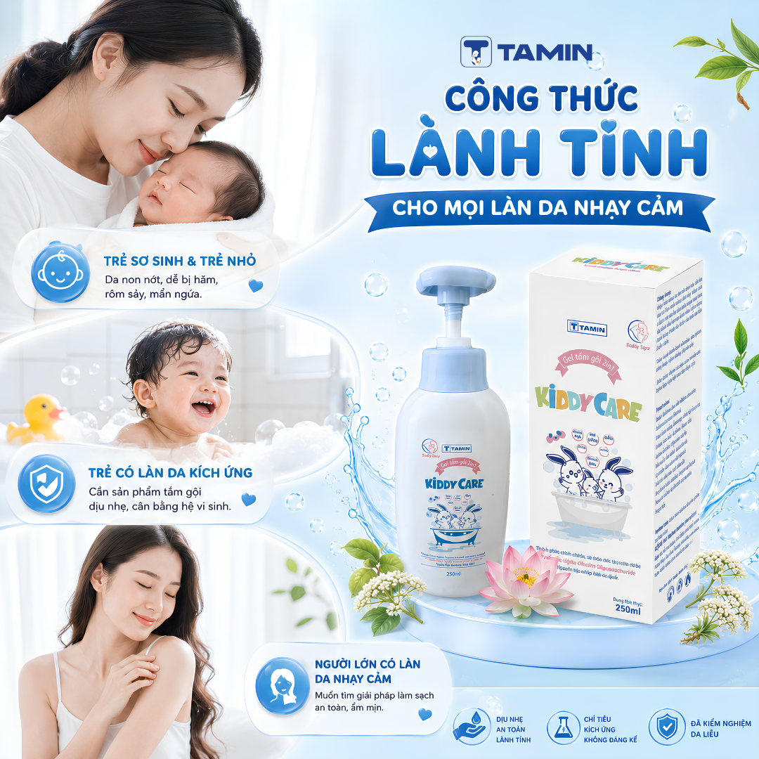 Gel tắm em bé Kiddy Care là gel tắm gội toàn thân dịu nhẹ cho bé, chứa Alpha-Glucan Oligosaccharide và chiết xuất thảo dược giúp làm sạch, dưỡng ẩm và ngừa rôm sảy, mẩn ngứa hiệu quả. Không cay mắt, an toàn cho da nhạy cảm. Gel tắm em bé Kiddy Care là gel tắm gội toàn thân dịu nhẹ cho bé, chứa Alpha-Glucan Oligosaccharide và chiết xuất thảo dược giúp làm sạch, dưỡng ẩm và ngừa rôm sảy, mẩn ngứa hiệu quả. Không cay mắt, an toàn cho da nhạy cảm.